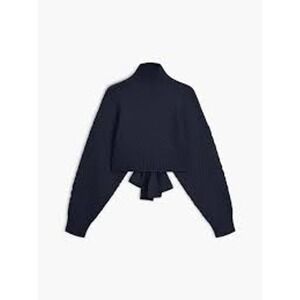 Sweater open back tie baboon sleeve mock turtleneck honeycomb pattern NAVY XS 2